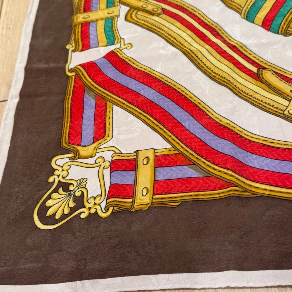 Sangles Silk Scarf Women Brown Multi Equestrian Belt Motif‎ Luxury Designer